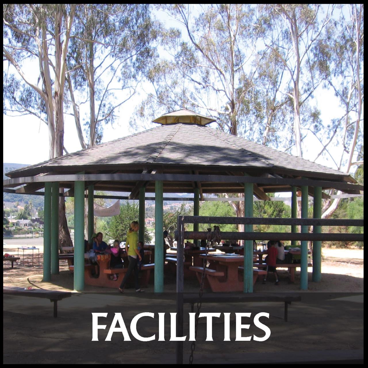 Text: facilities; individuals under a shaded seating area in the park