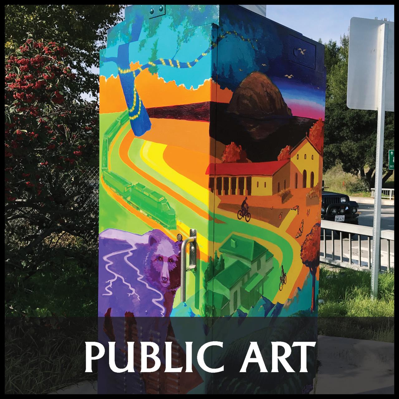 text: public art; image of one of the box arts in SLO 