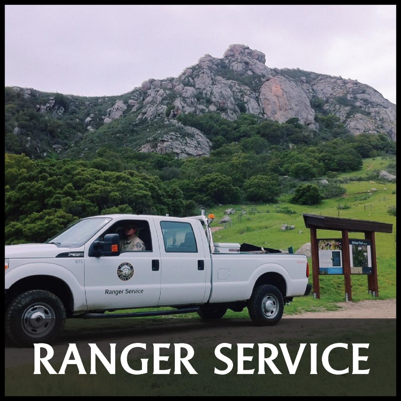 text: ranger service; image of ranger service truck front of bishop peak