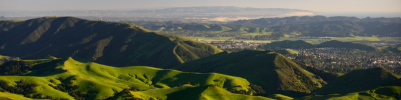 Green hills in the foreground, City in the background