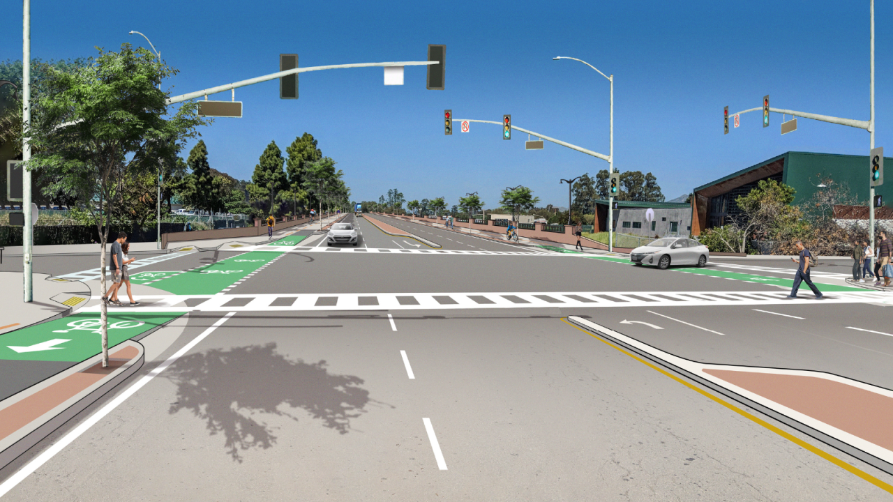 A rendering of the new four-lane bridge showing cars, bicyclists and pedestrians all traveling safely.