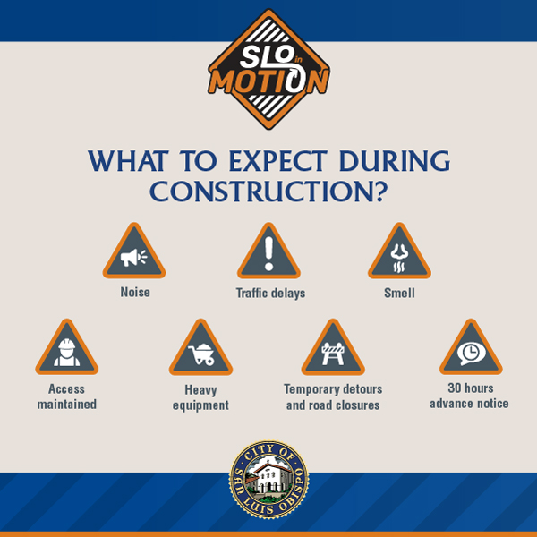 What to expect during construction icons: noise, traffic delays, smell, access maintained, heavy equipment, temporary detours and road closures, 30 hours advance notice.