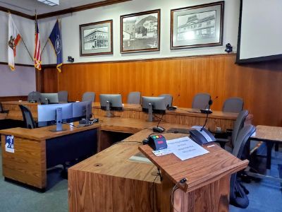 The dias inside the Council Chambers