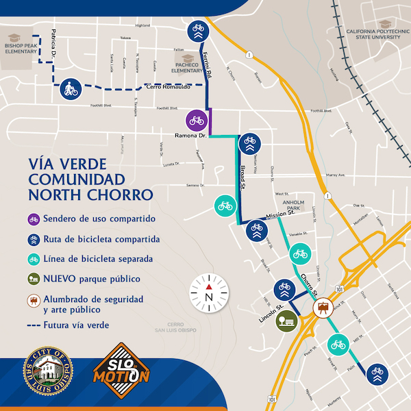 SLO in Motion North Chorro Nieghborhood Greenway map. For more information, visit slocity.org/sloinmotion.