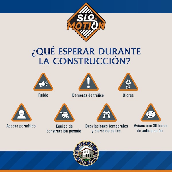 SLO in Motion project impacts including noise, traffic delays, smell, access maintained, heavy equipment, temporary detours and road closures and 30 hours advance notice.