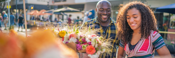 Couple buying a bouquet of flowers