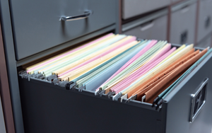 An open drawer in a filing cabinet