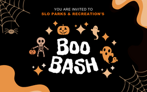 Boo Bash event flyer with spooky themed graphics on a black background