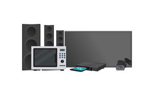 A pile of electronics including stereo speakers, a microwave, a tv, a dvd player, and a camera