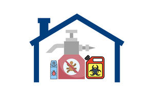 A house roof icon over hazardous materials such as bug spray and pesticides