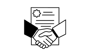 Icon of two hands shaking with a signed agreement in the background