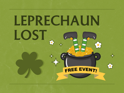 Leprechaun Lost text on a green background with an image of leprechaun feet sticking out of a pot of gold