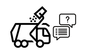 Garbage truck outline icon with questions icon next to it