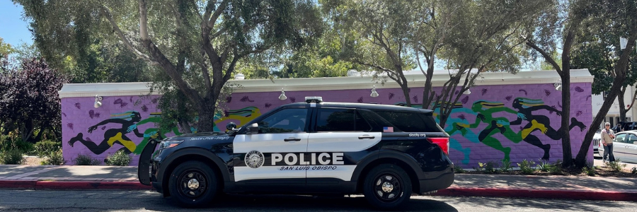 police car with SLO art in the background 