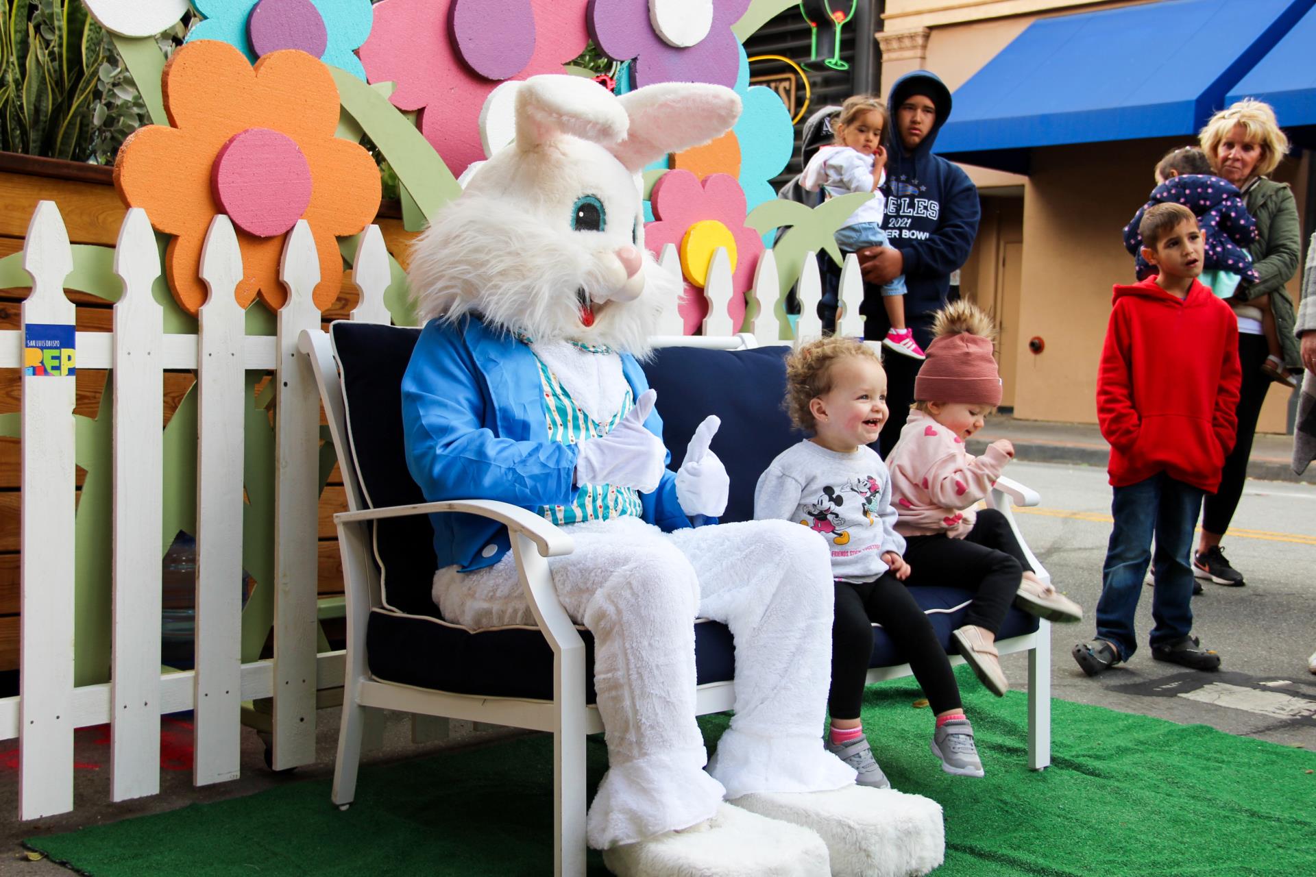 Children visit the Easter Bunny at Mission Plaza.