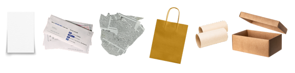 Images of recyclable paper materials including copy paper, junk mail, newspaper, paper bag, toilet paper tubes, and a gift box