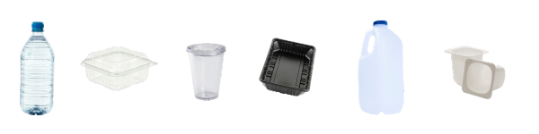 Images of empty recyclable plastic materials including a plastic bottle, food container, plastic, plastic tray, plastic jug, and pudding cups.