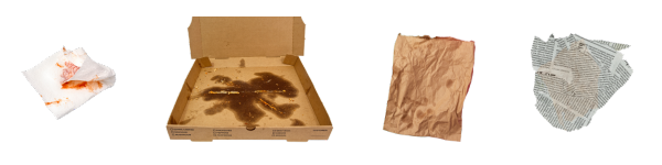 Images of food soiled paper like napkin, pizza box, paper bag, and newspaper