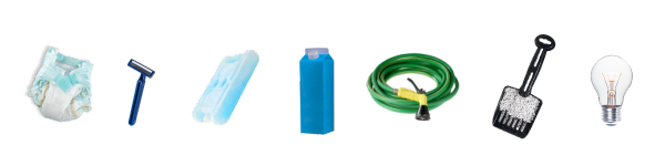 Images of disposable landfill items including a diaper, razor, ice pack, milk carton, garden hose, kitty litter scoop with litter, and light bulb