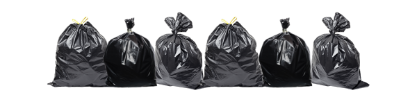 Image of six black trash bags lined up