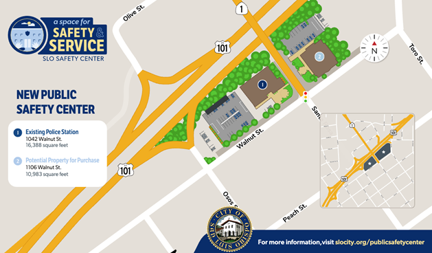 Public Safety Center map showing a new potential layout where the existing police station is located