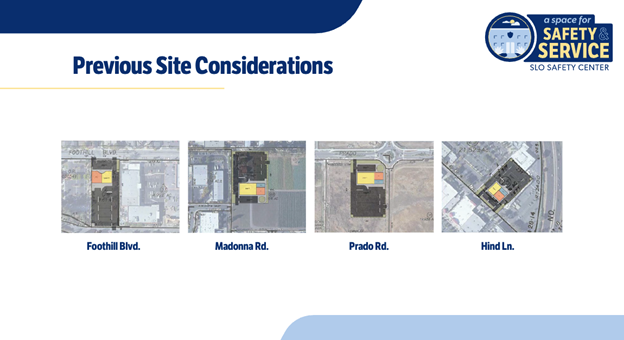 Photos of previous site locations including one on Foothill Blvd, Madonna Road, Prado Road, and Hind Lane.