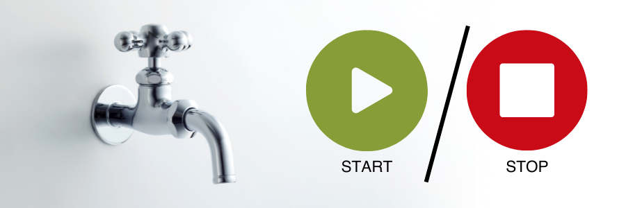 Picture of a silver faucet on the left, green start symbol next to a red stop symbol on the right.