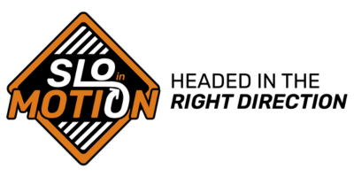 SLO in Motion logo on the left and the phrase Headed in the Right Direction on the right