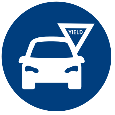 A blue circle with a white icon of a car yielding in the center of it