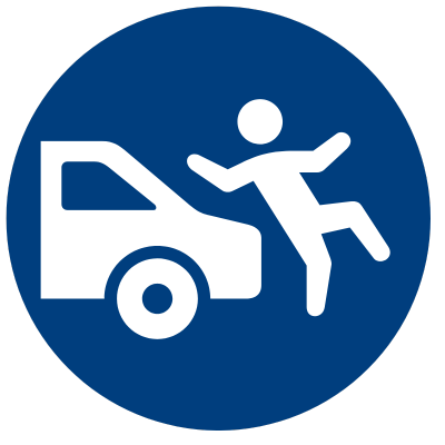 A blue circle with a white icon of a car hitting a pedestrian in the center of it