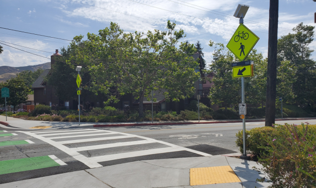 A picture of the recently completed Broad and Islay RRFB crosswalk in SLO