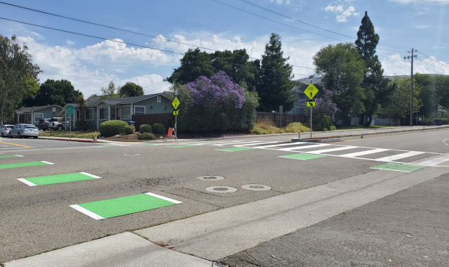 A picture of the recently completed South and King RRFB crosswalk in SLO