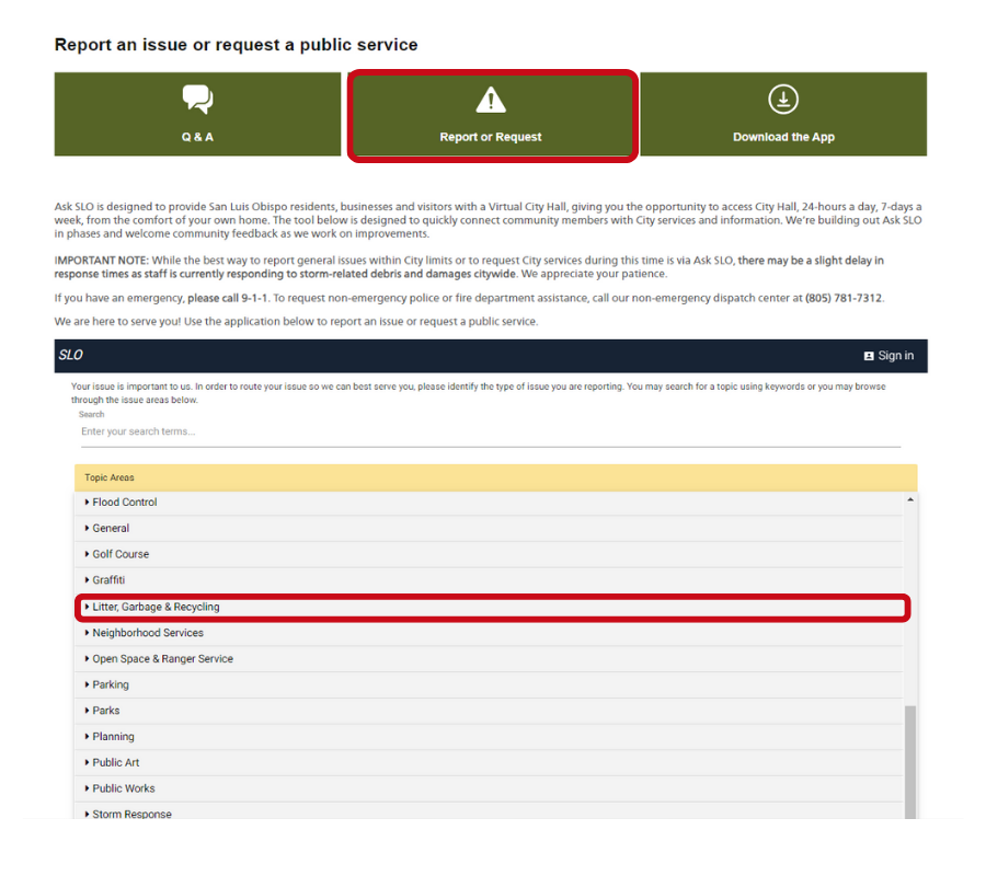 A screenshot of the ASK SLO webpage showing how to report a trash and recycling issue