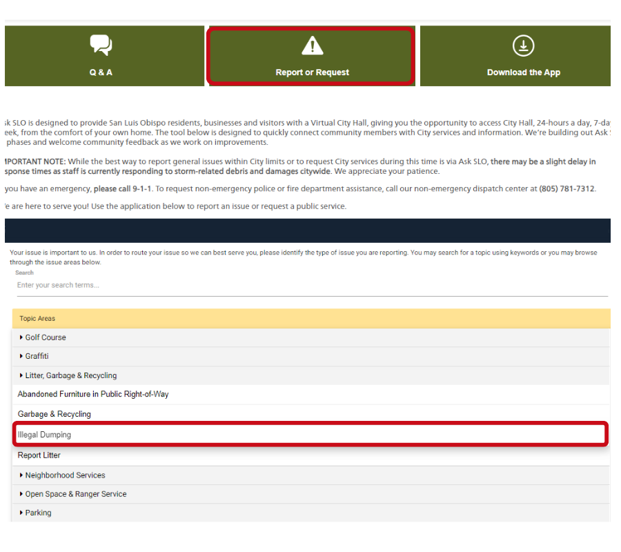 A screenshot of the ASK SLO webpage showing how to report illegal dumping
