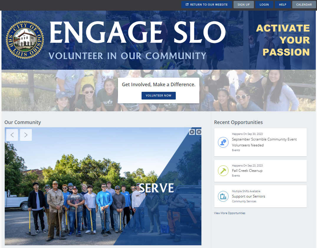 a screenshot of the Engage SLO website showing all of the homepage features