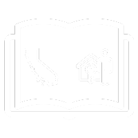 A white icon of an open guide book and a California outline and tenant symbol on the inside pages