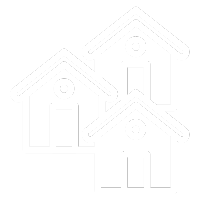 A white icon of three houses representing a neighborhood