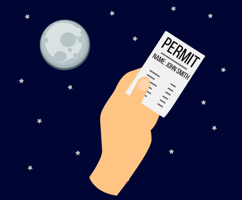 clipart of a moon, hand holding permit paper; dark blue background with white stars