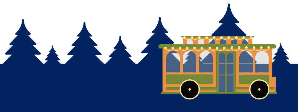 An icon of the SLO Holiday Trolley driving in the foreground and blue trees in the background