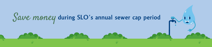 A web banner graphic with the headline Save money during SLO's annual sewer cap period in the foreground and a lawn in the background with a water droplet character turning off a faucet