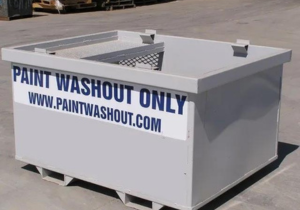 Large metal bin labeled "Paint Washout Only"