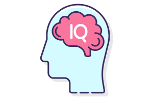 Graphic of head with a brain that says "IQ"