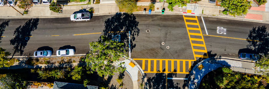 An aerial shot of a recently paved and striped San Luis Obispo street