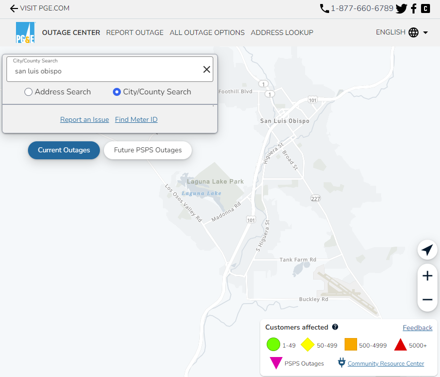 screen shot of PG&E outage center map. Click to open interactive map.