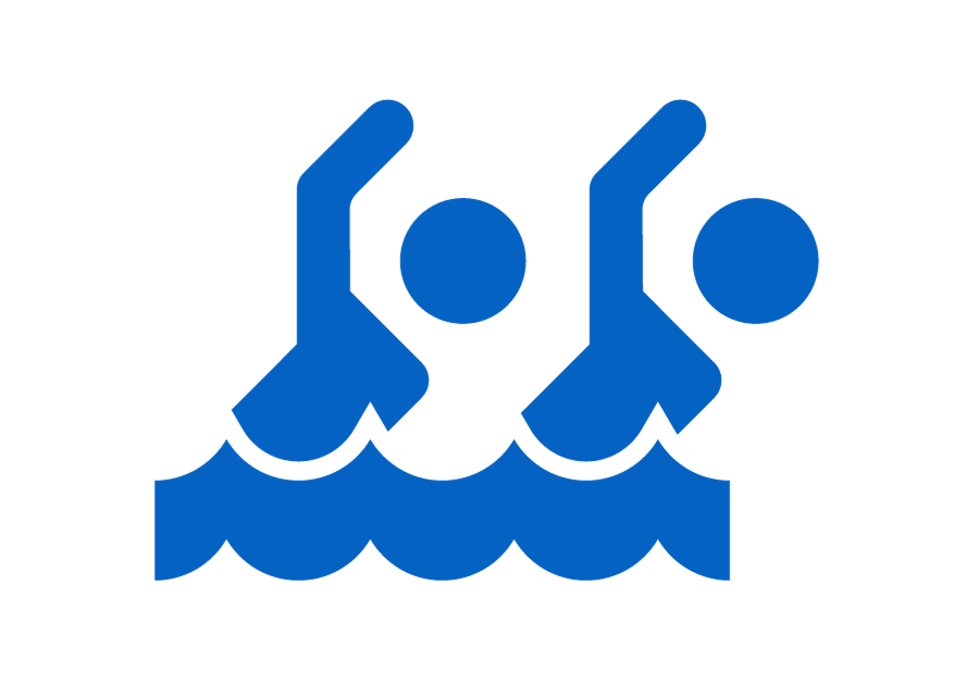 A blue icon of two people swimming