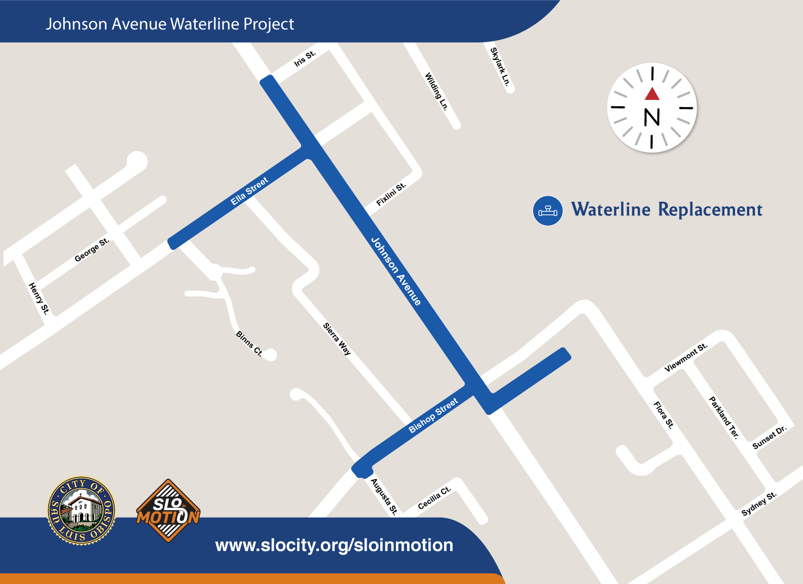 A map of the Johnson Avenue Waterline replacement project showing the waterline replacement line in blue to highlight where the line is being replaced in San Luis Obispo