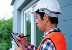 Person completing an inspection, wearing a safety vest and hard hat, using a clipboard.