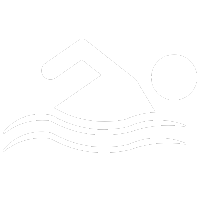 A white icon of a person swimming in the water