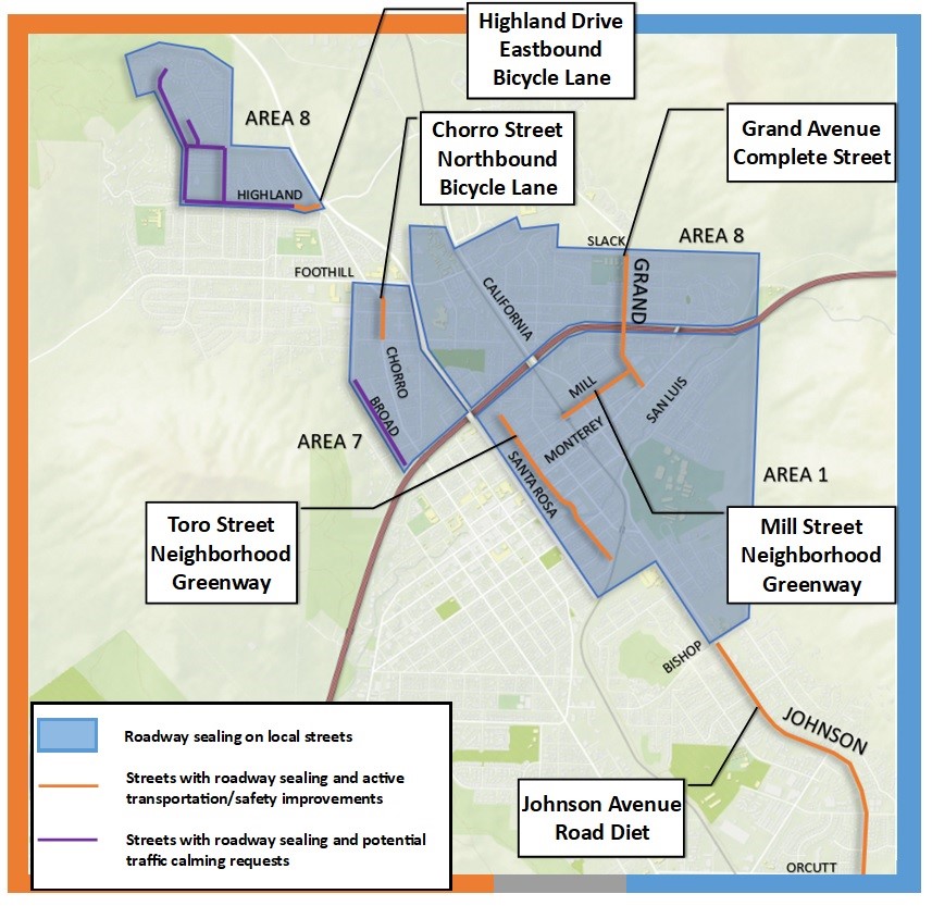 A project map for the upcoming 2024 Pavement Project in San Luis Obispo