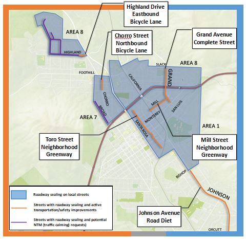 Map of Paving Plan area with callouts for active transportation elements